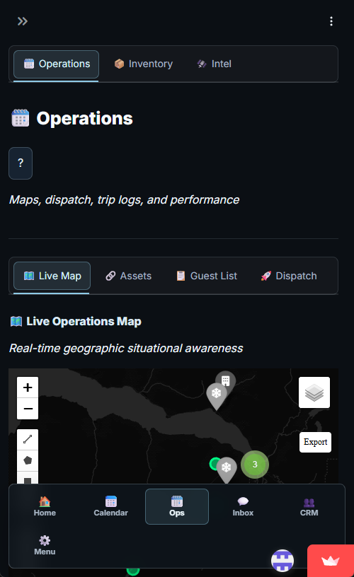 ABA Command Center on a mobile screen showing the Operations tab with a live map and bottom navigation for Home, Calendar, Ops, Inbox, and CRM