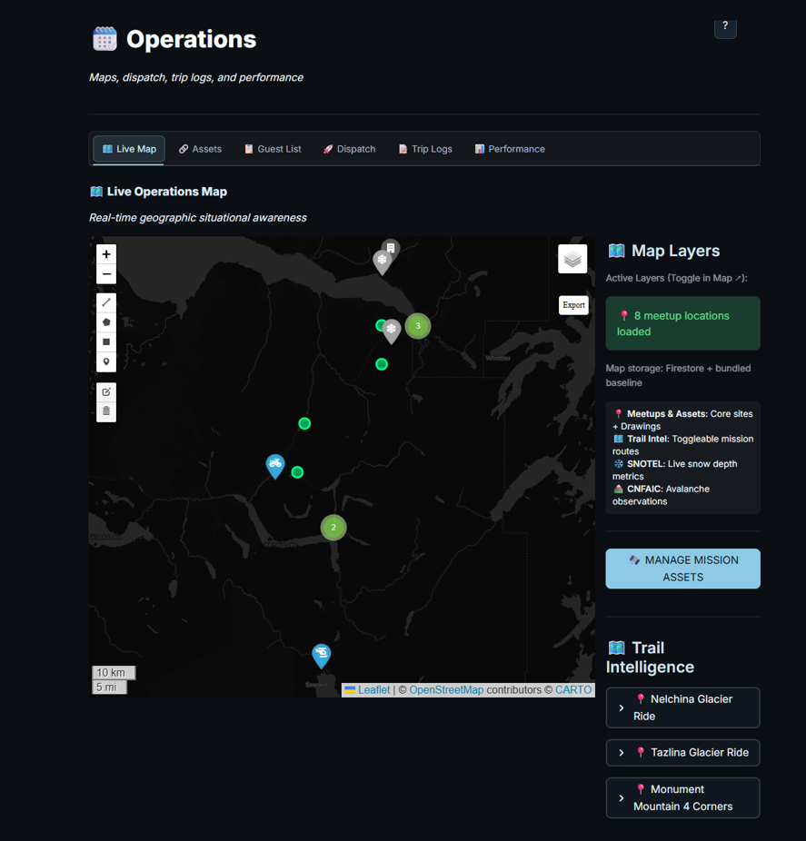 ABA Command Center operations map showing loaded meetup locations on a Leaflet map of Alaska, with a trail-intelligence panel listing Nelchina Glacier, Tazlina Glacier, and Monument Mountain routes