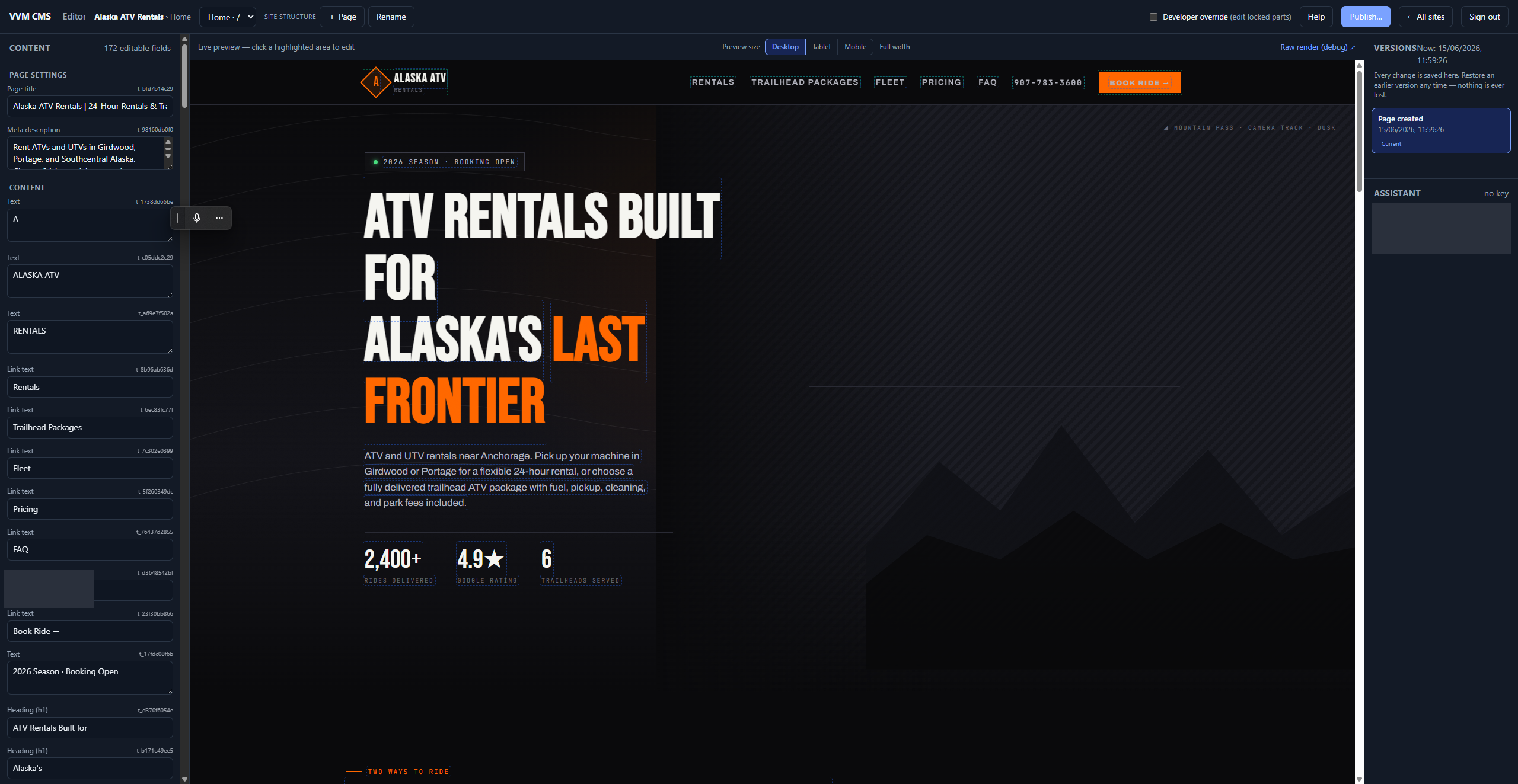 The Safe-Editing CMS editing the Alaska ATV Rentals homepage: a left content panel of editable text and link fields, a live preview of the locked page layout, and a right panel with version history. The editable phone field and assistant input are covered by redaction bars while the approved public number remains visible in the locked preview header.