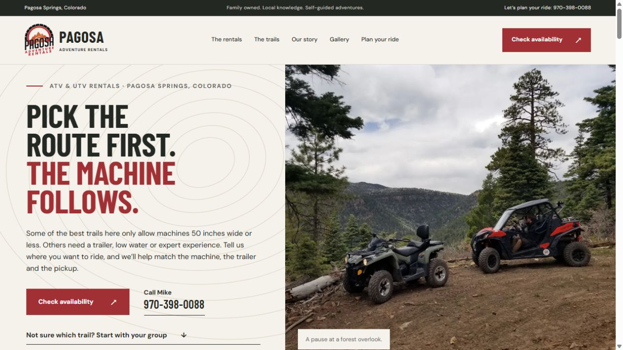 Pagosa Adventure Rentals homepage with the heading Pick the route first. The machine follows, beside an ATV and UTV at a forest overlook